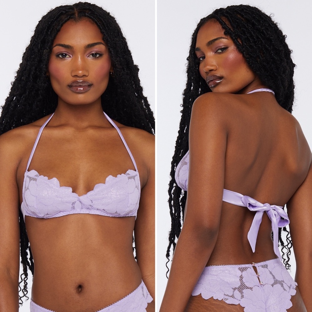 💜New Savage x Fenty Purple Floral Glow Lace Halter Bralette Size XL💜